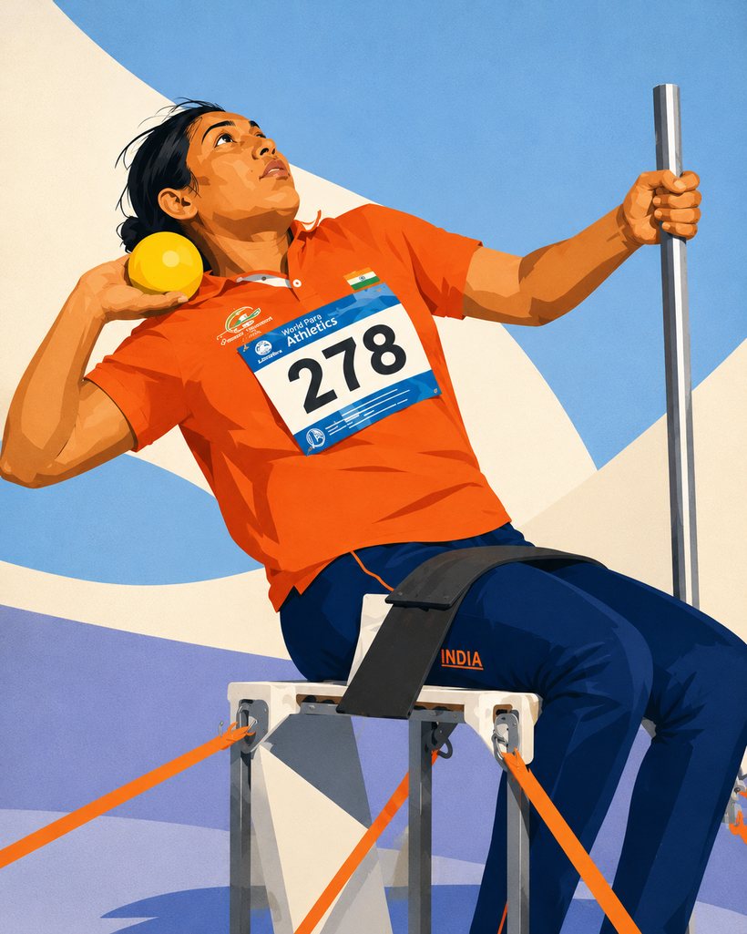 Illustration of Bhagyashri Jadhav about to throw the shot put from a throwing chair