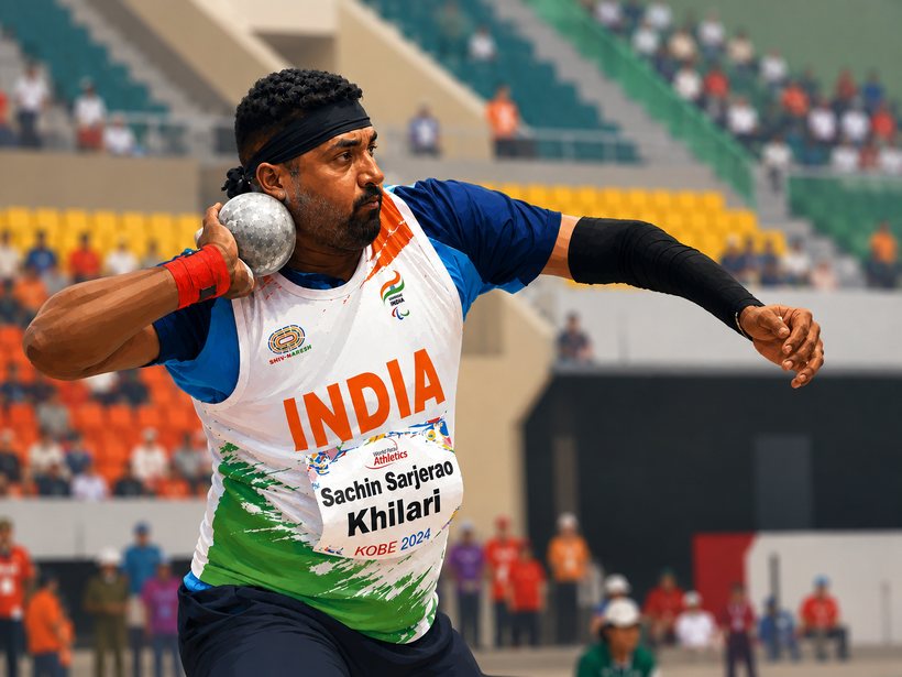 Illustration of Sachin Khilari mid-throw in the shot put, in an India vest