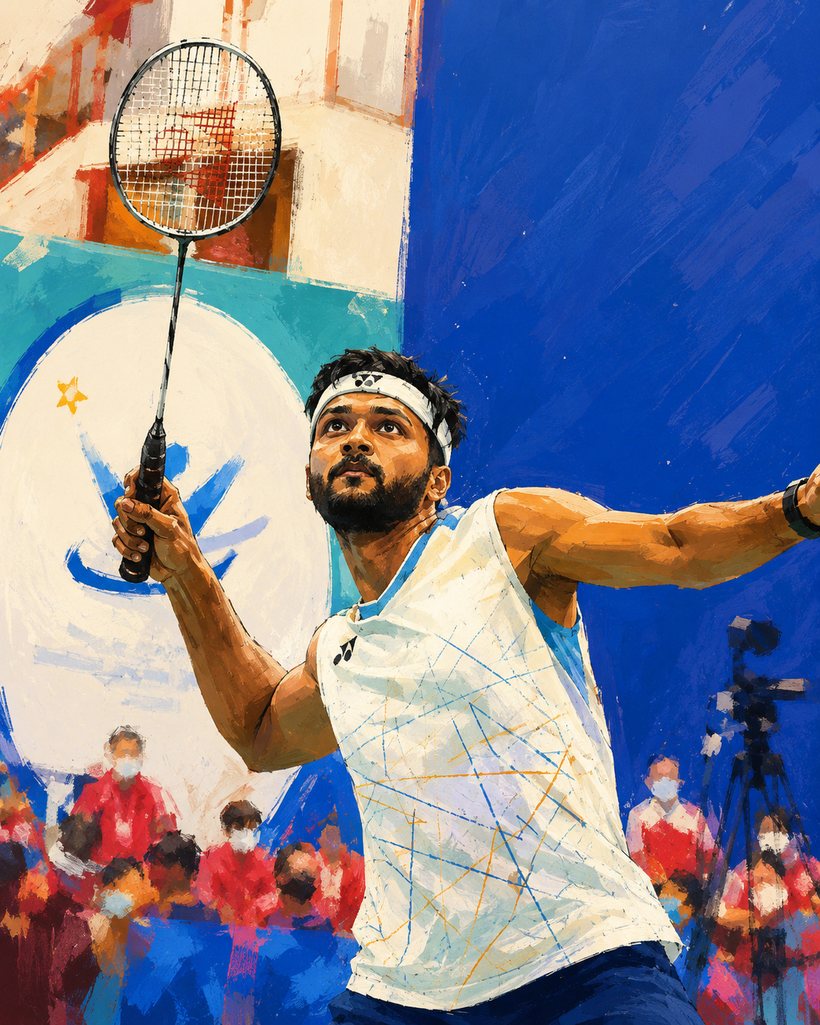 Illustration of Sukant Kadam reaching for a shot with his badminton racket