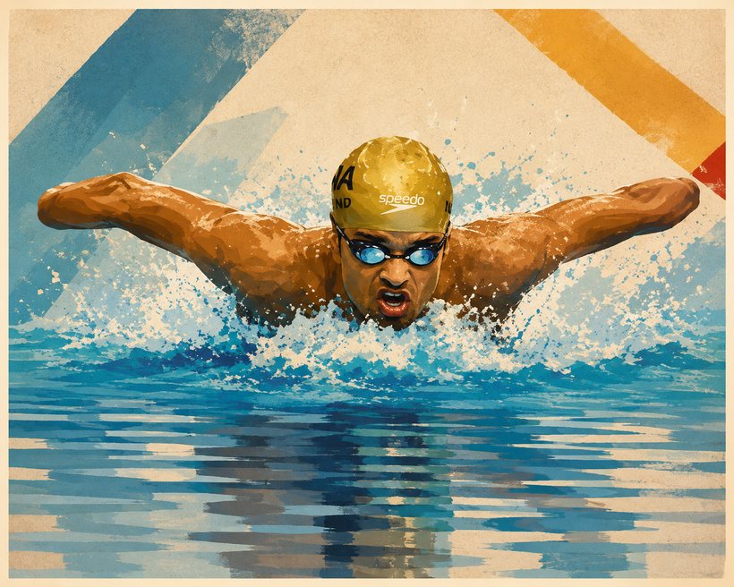 Illustration of Suyash Jadhav swimming butterfly
