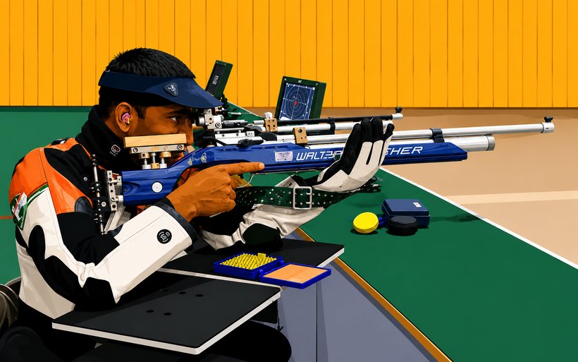Illustration of Swaroop Unhalkar aiming an air rifle from a seated position